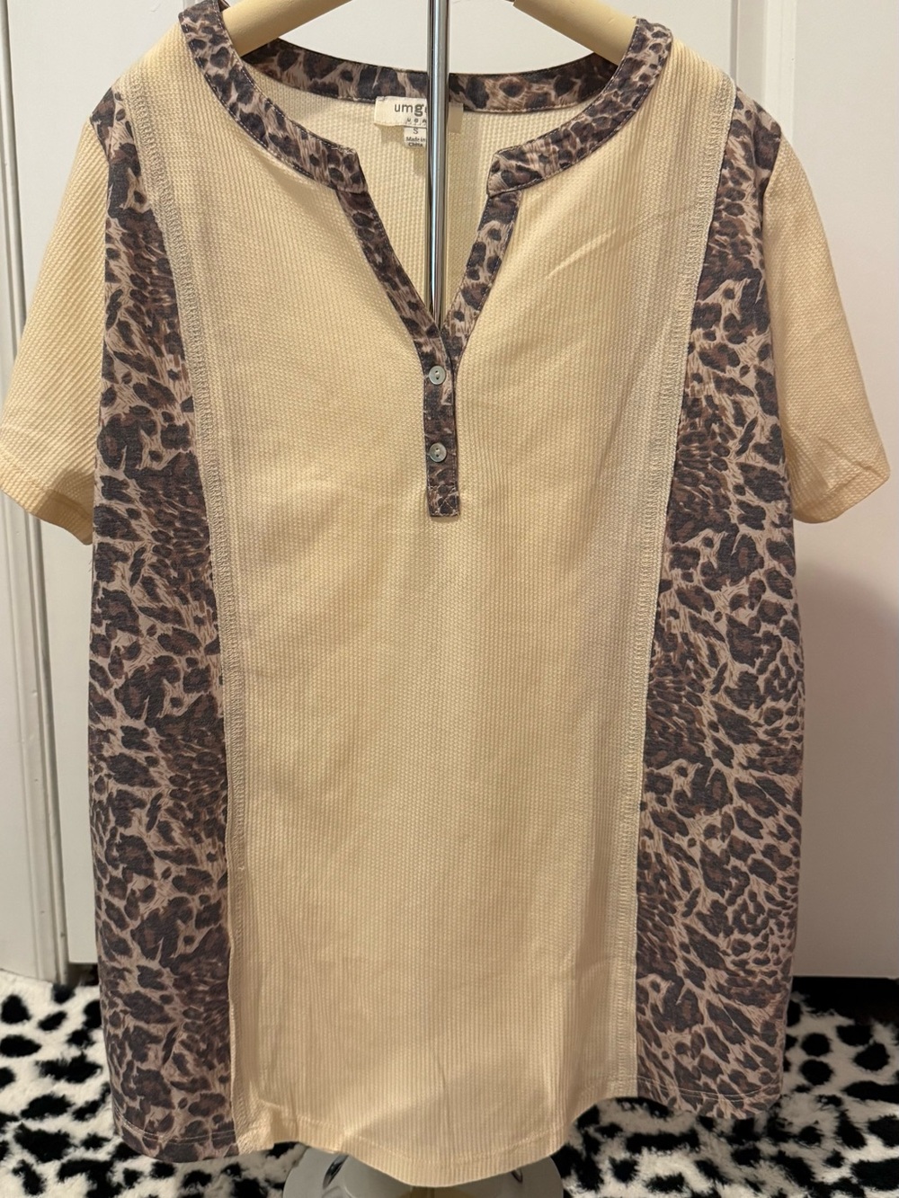 Umgee Cream Top with Brown Leopard Panels